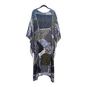 Maxi Kaftan Long Dress Geometric Pattern Silk Caftan One Size